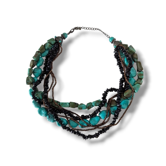Turquoise Necklace Choker Multi Strand Boho Beaded Tribal Collar - Picture 6 of 8